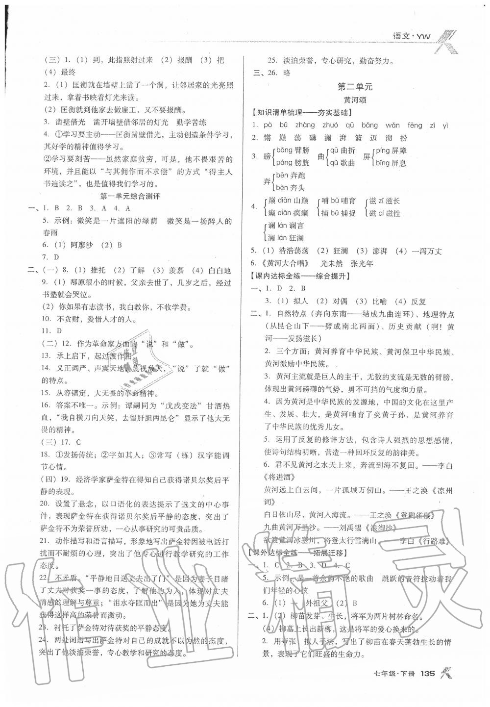 2020年全优点练课计划七年级语文下册语文版 参考答案第3页