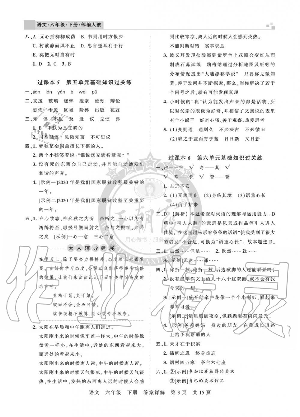 2020年王朝霞期末真题精编六年级语文下册人教版南阳专版 参考答案第3页