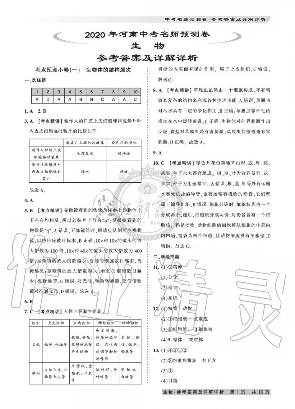 2020年王朝霞中考名師預測卷生物河南專版 參考答案第1頁