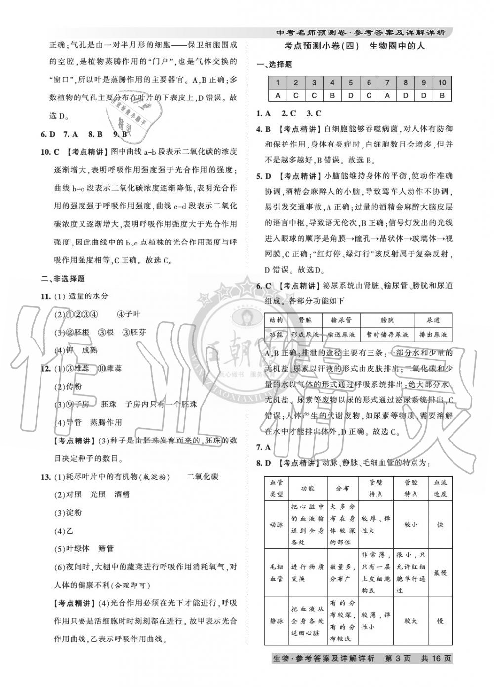 2020年王朝霞中考名師預(yù)測卷生物河南專版 參考答案第3頁