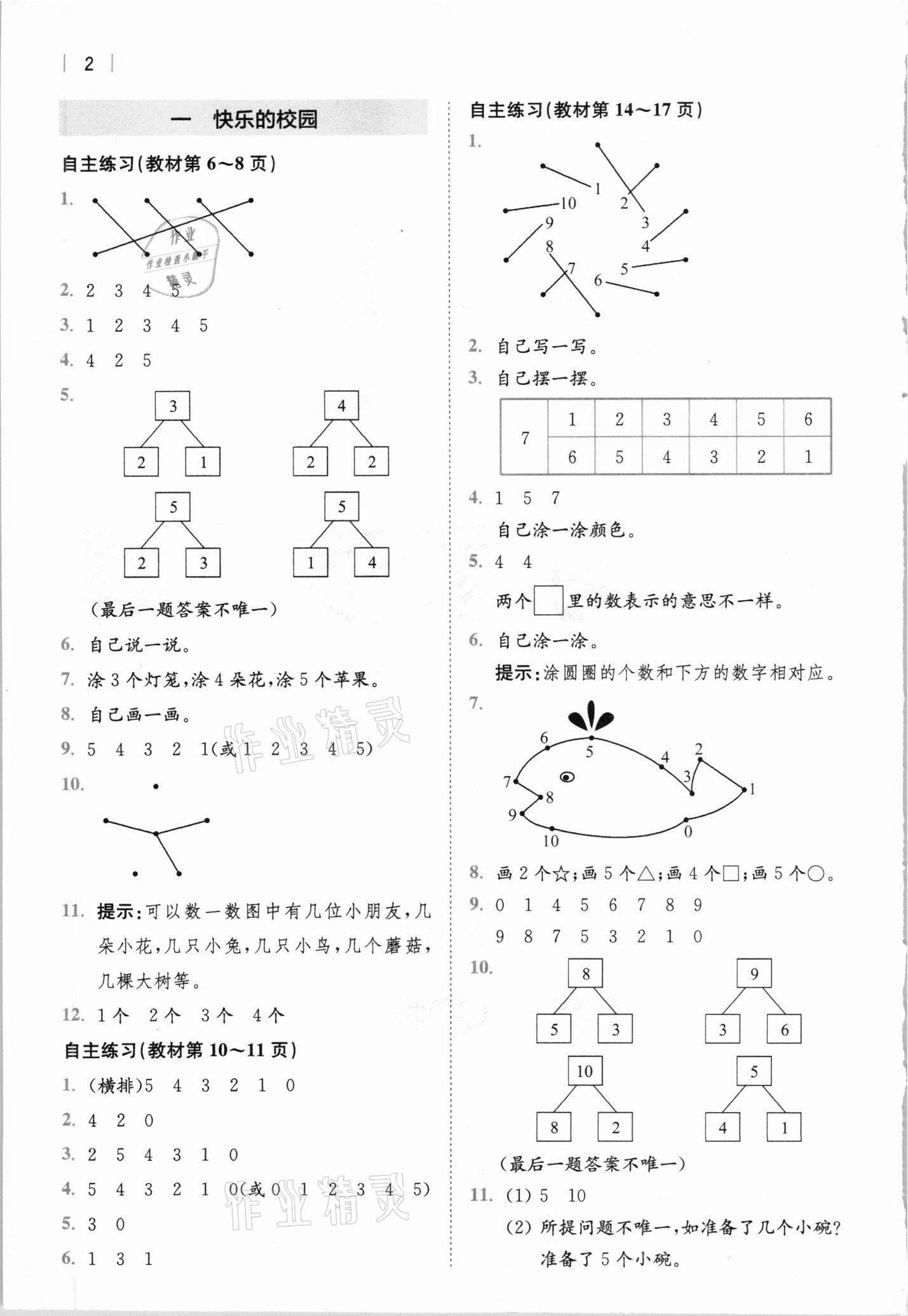 2020年教材課本一年級數(shù)學上冊青島版 參考答案第1頁