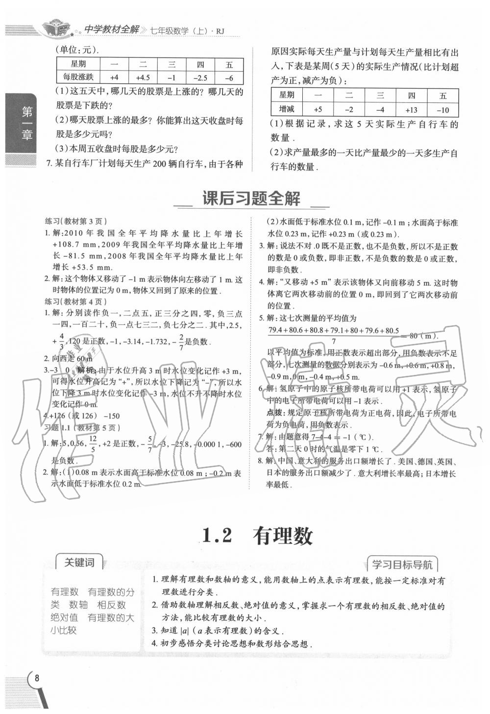 2020年教材課本七年級數學上冊人教版 參考答案第8頁