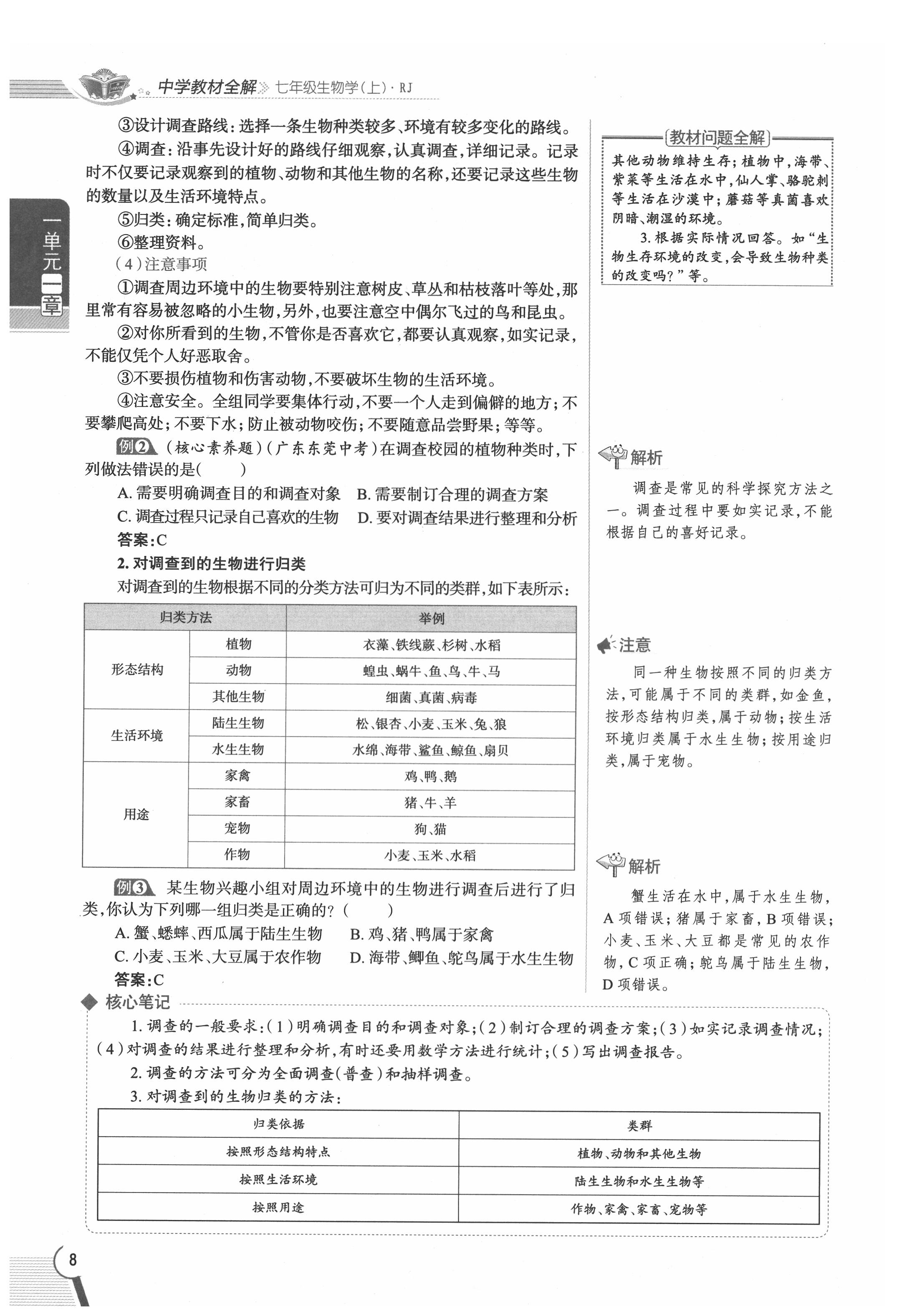 2020年教材課本七年級生物上冊人教版 參考答案第8頁