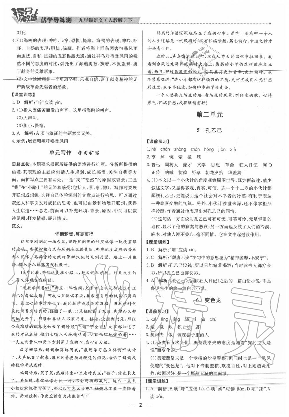 2020年提分教練九年級語文下冊人教版 參考答案第2頁