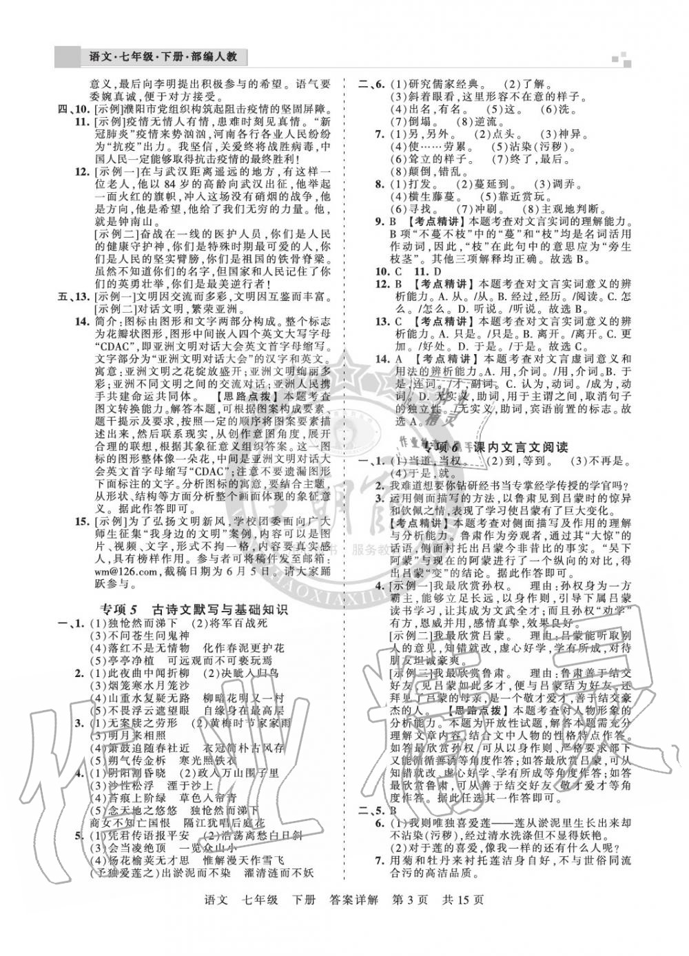 2020年王朝霞期末真題精編七年級語文下冊人教版安濮專版 參考答案第3頁