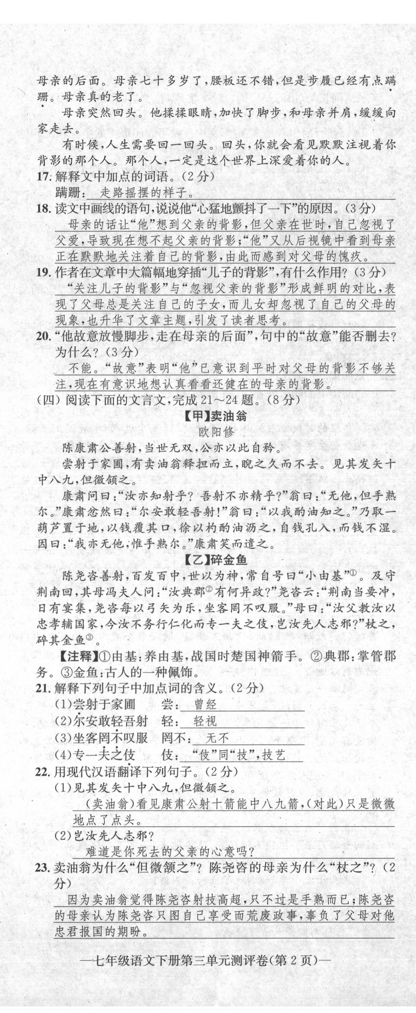 2020年学业评价测评卷七年级语文下册人教版 第17页