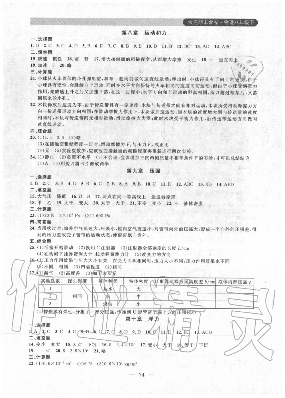 2020年大連期末金卷八年級物理下冊人教版 參考答案第2頁