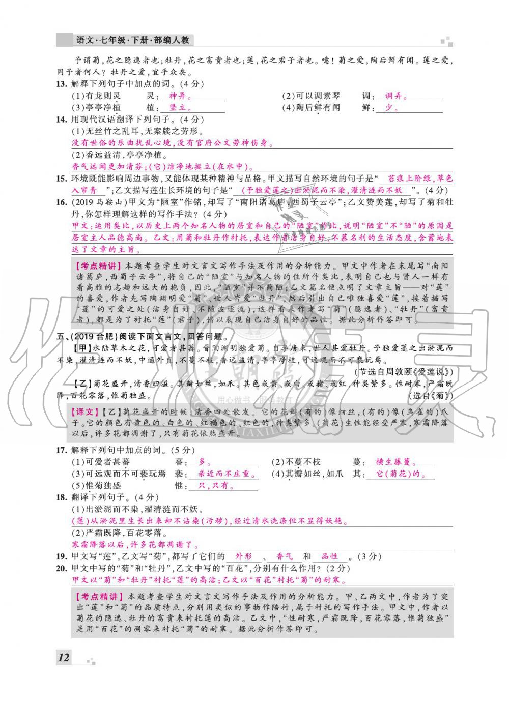 2020年王朝霞各地期末试卷精选七年级语文下册人教版安徽专版 参考答案第12页