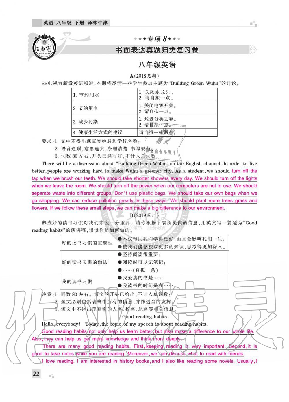 2020年王朝霞各地期末試卷精選八年級(jí)英語(yǔ)下冊(cè)譯林版安徽專(zhuān)版 參考答案第22頁(yè)