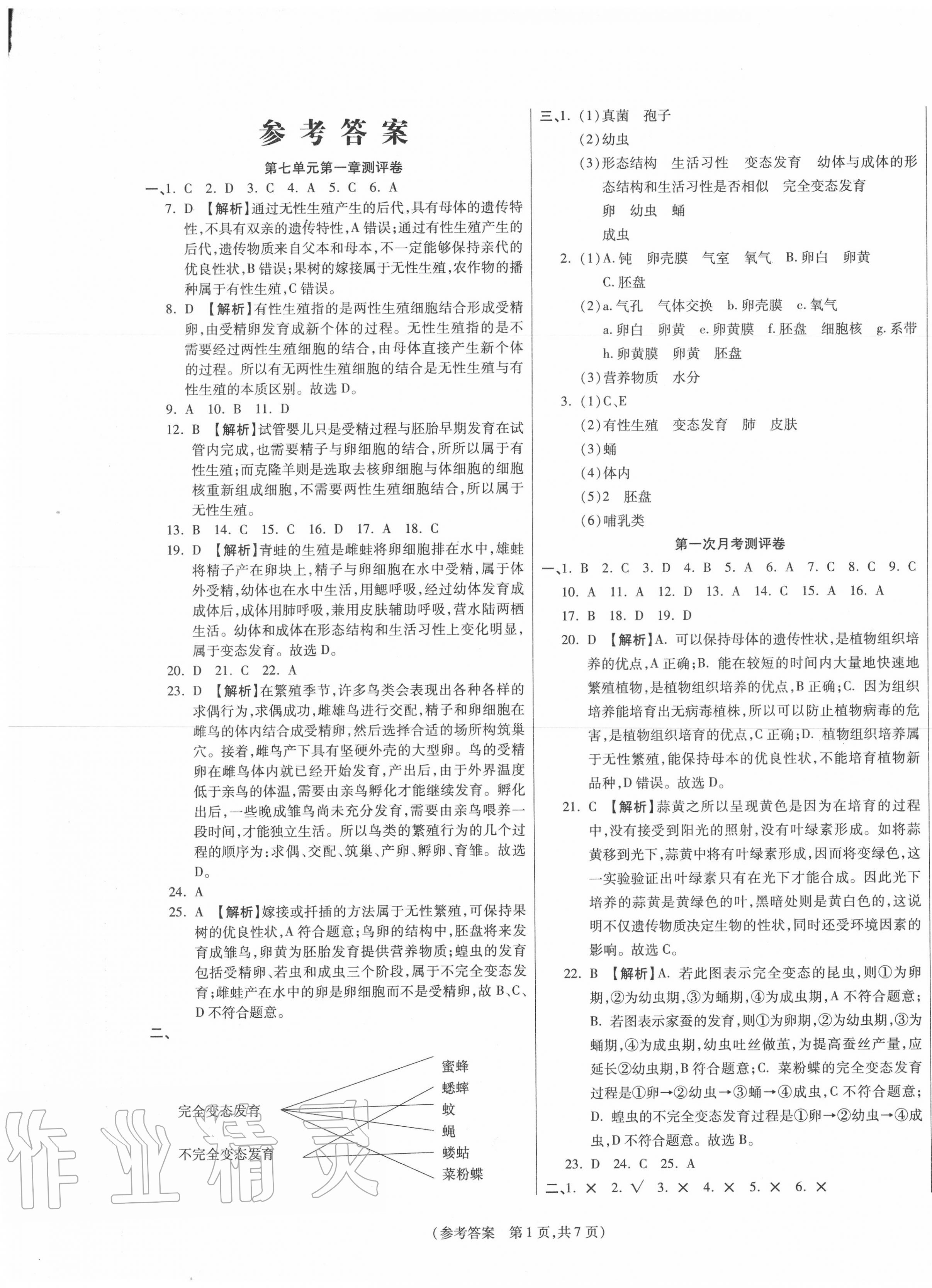 2020年智能優(yōu)選卷八年級(jí)生物下冊(cè)人教版 參考答案第1頁(yè)