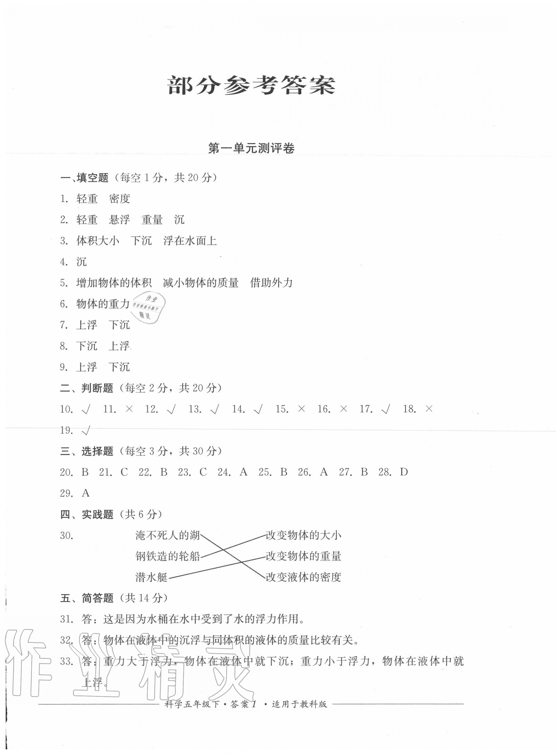 2020年單元測(cè)評(píng)五年級(jí)科學(xué)下冊(cè)教科版四川教育出版社 第1頁