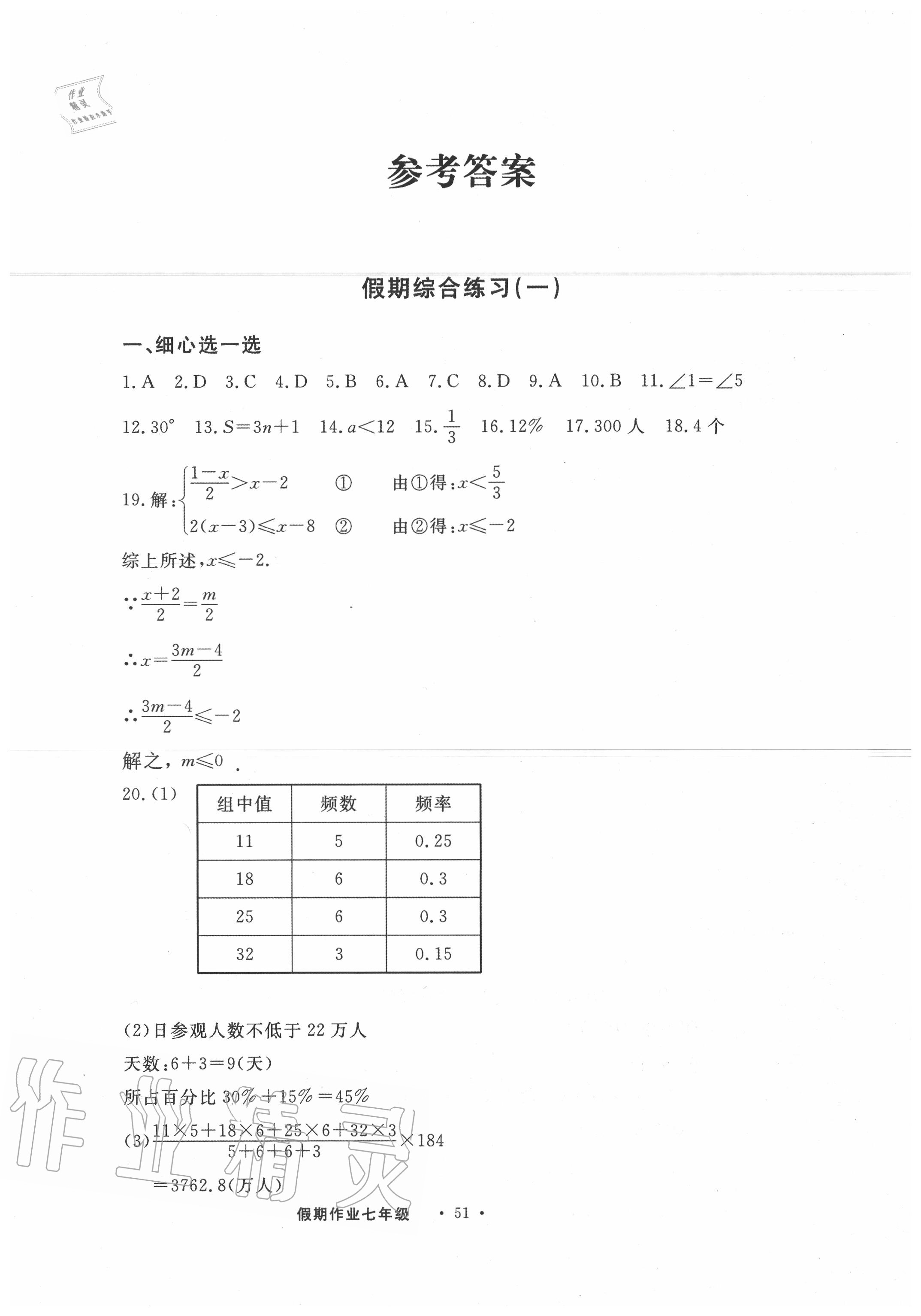 2020年假期作業(yè)七年級數(shù)學現(xiàn)代教育出版社 參考答案第1頁