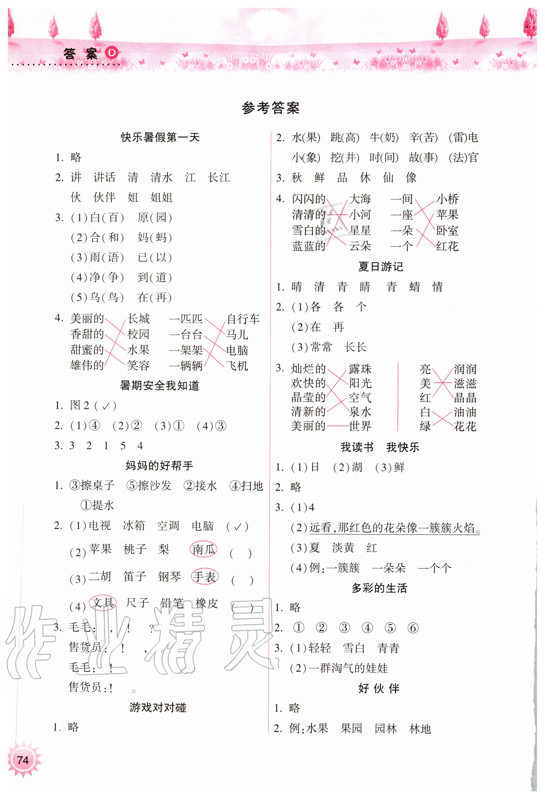 2020年暑假作业本小学一年级天天练语文晋城专版A希望出版社 参考答案第1页