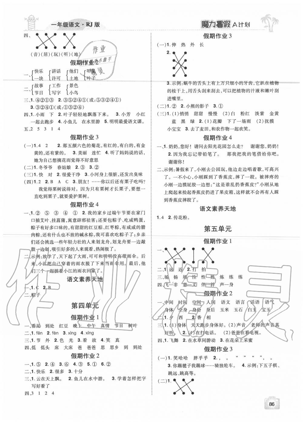 2020年魔力暑假A計(jì)劃一年級(jí)語(yǔ)文人教版江西美術(shù)出版社 參考答案第2頁(yè)