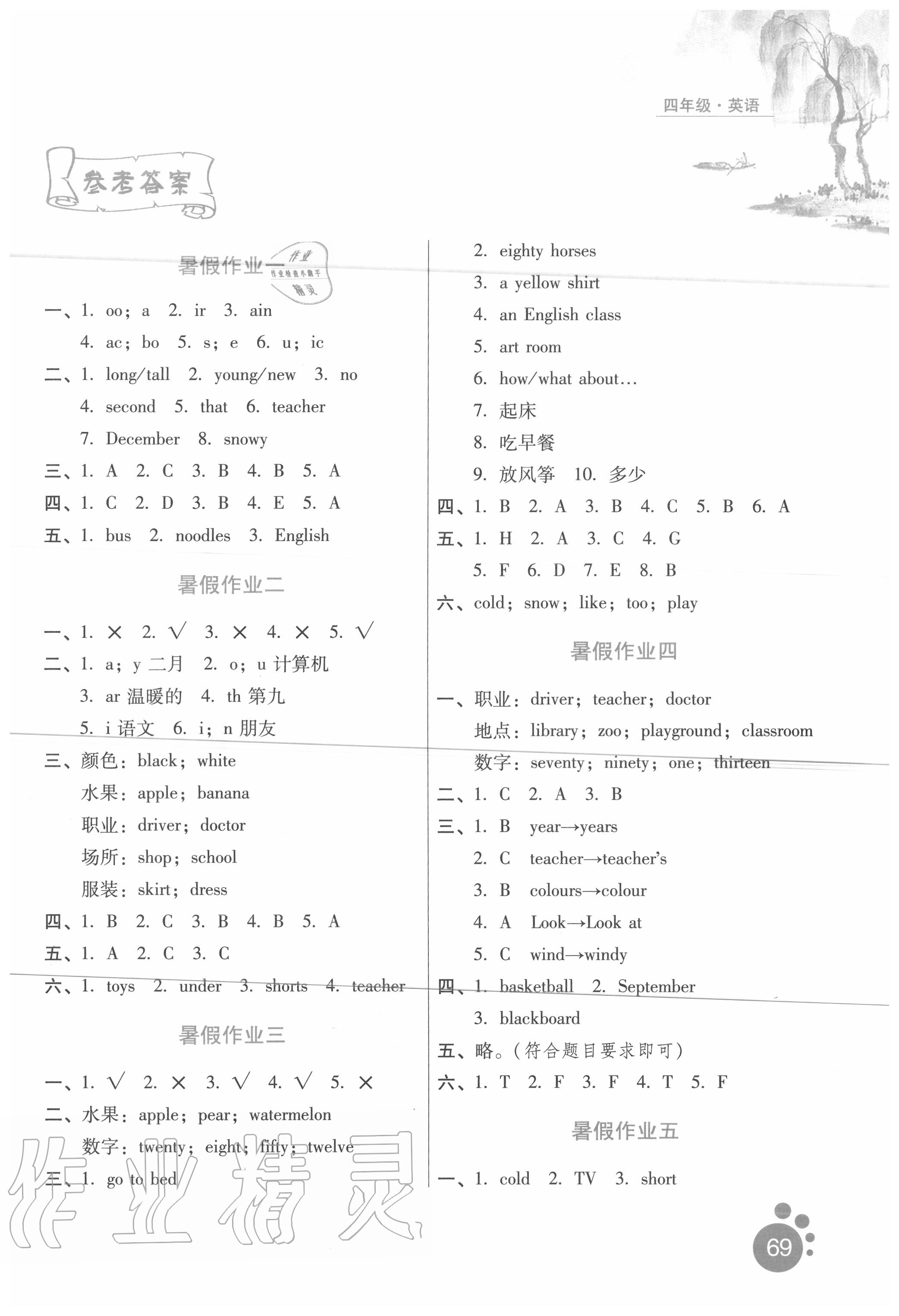 2020年暑假生活四年級英語冀教版 參考答案第1頁