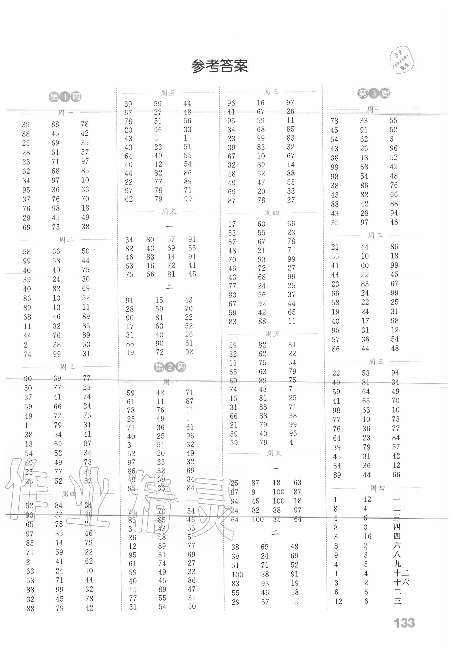 2020年通城學典小學數學計算能手二年級上冊蘇教版 參考答案第1頁