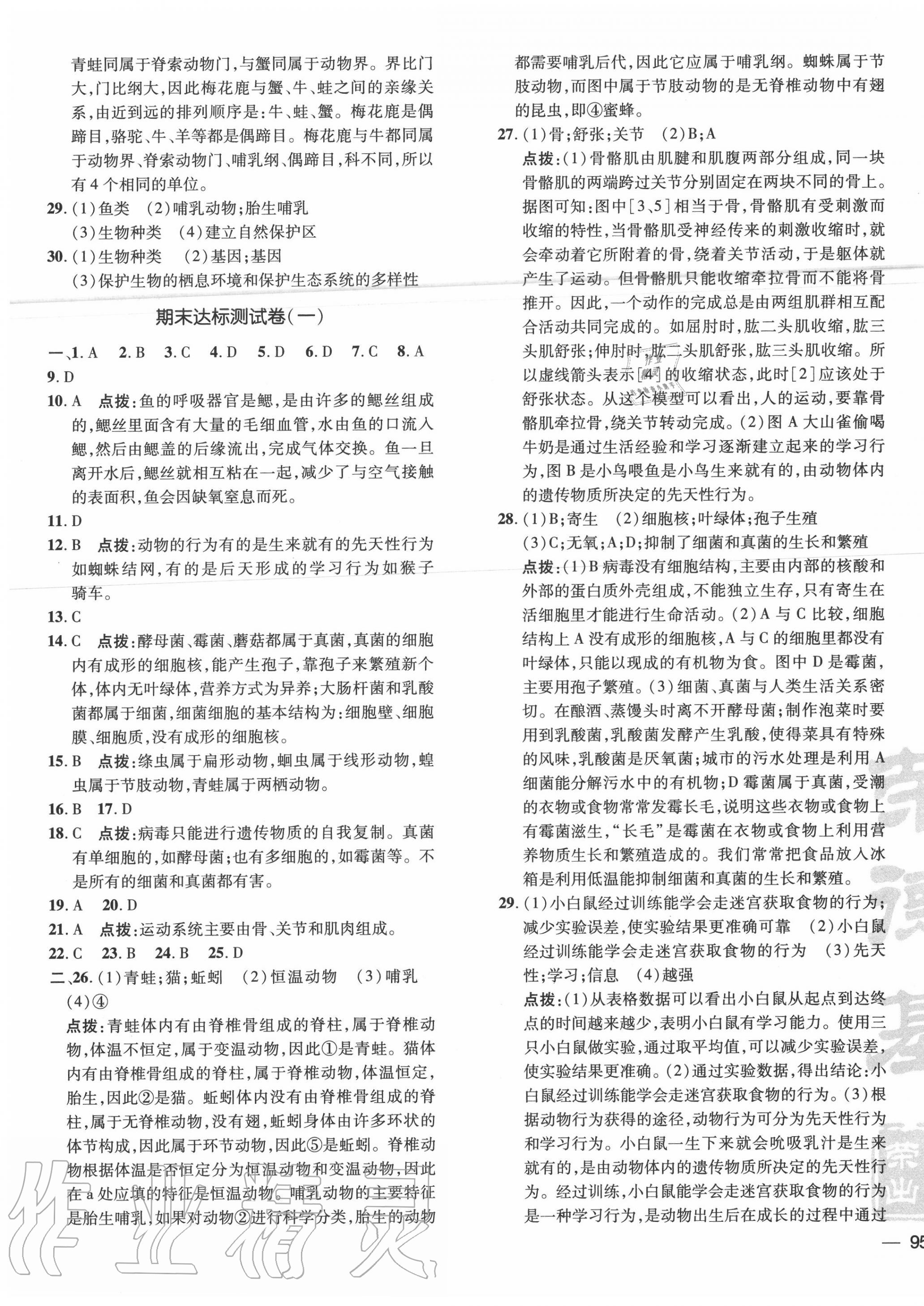 2020年點(diǎn)撥訓(xùn)練八年級生物上冊人教版 參考答案第5頁