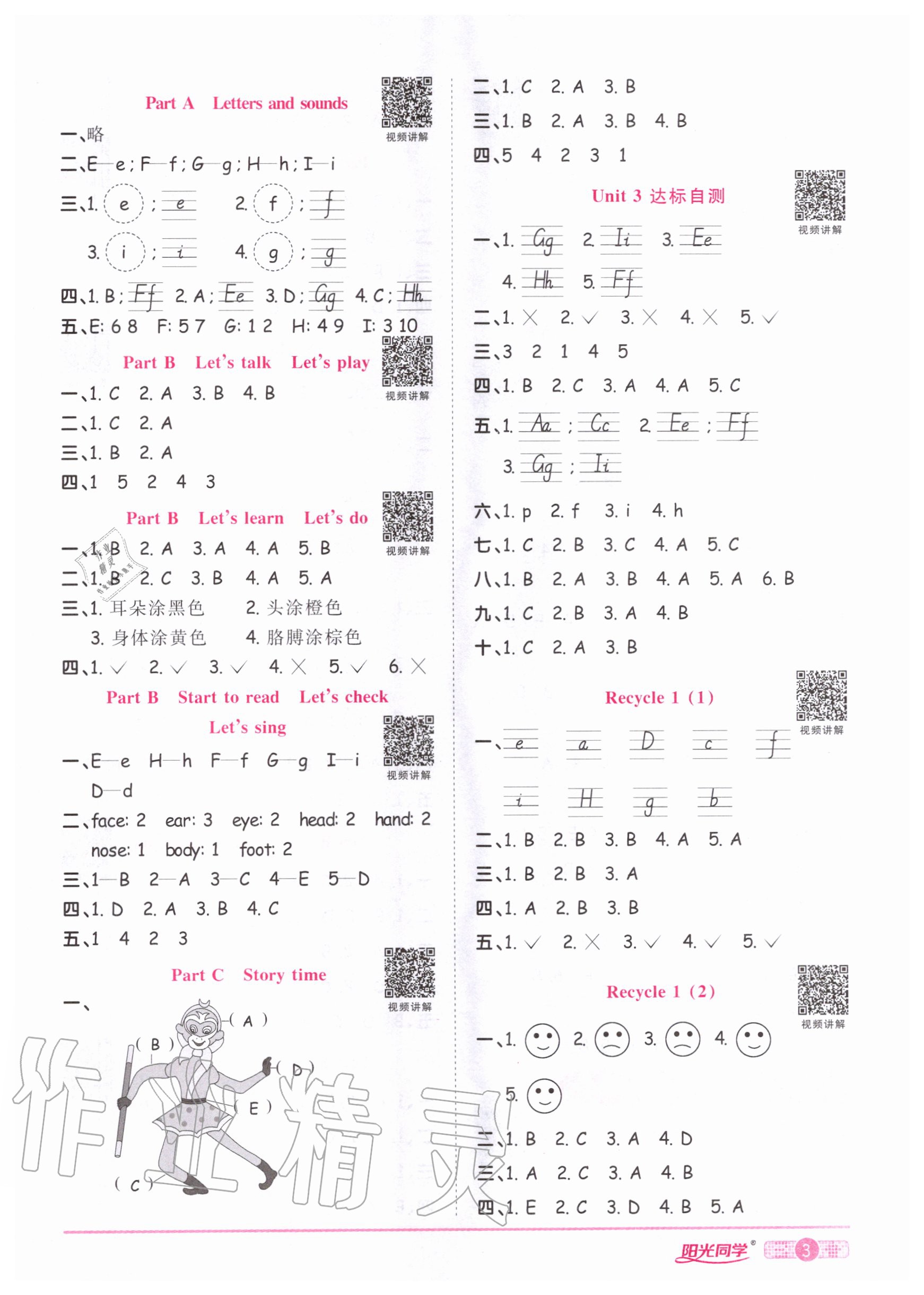 2020年陽光同學(xué)課時(shí)達(dá)標(biāo)訓(xùn)練三年級英語上冊人教PEP版浙江專版 參考答案第3頁