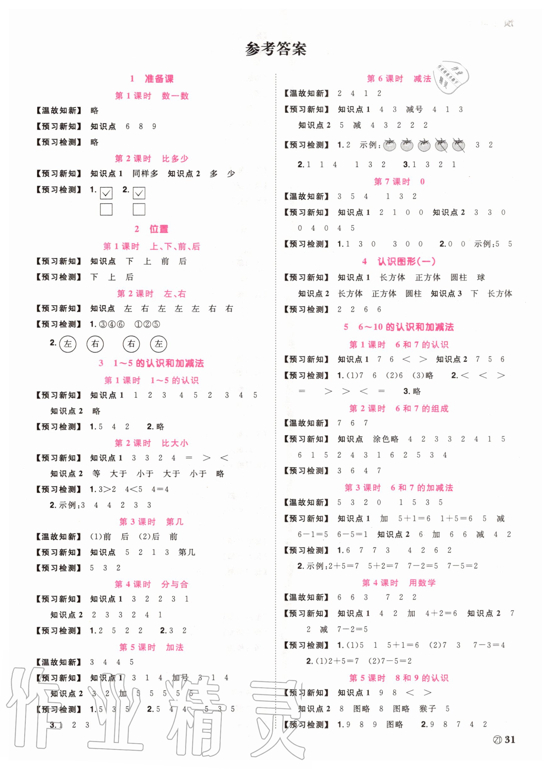 2020年陽光同學(xué)課時達(dá)標(biāo)訓(xùn)練一年級數(shù)學(xué)上冊人教版浙江專版 參考答案第1頁