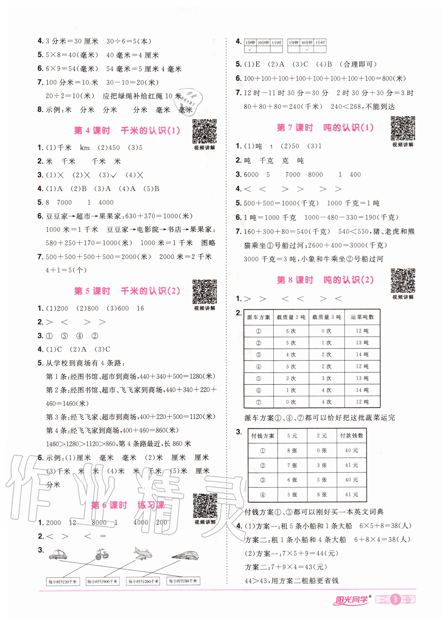 2020年陽光同學(xué)課時(shí)達(dá)標(biāo)訓(xùn)練三年級(jí)數(shù)學(xué)上冊(cè)人教版浙江專版 參考答案第5頁