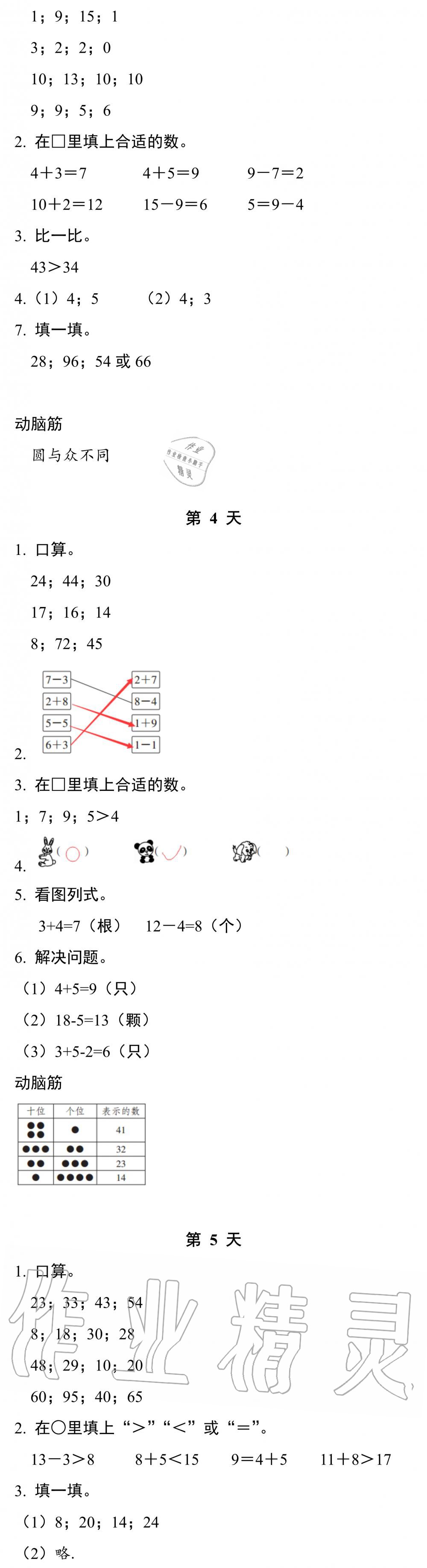 2020年暑假作业本一年级数学科学浙江教育出版社 参考答案第2页