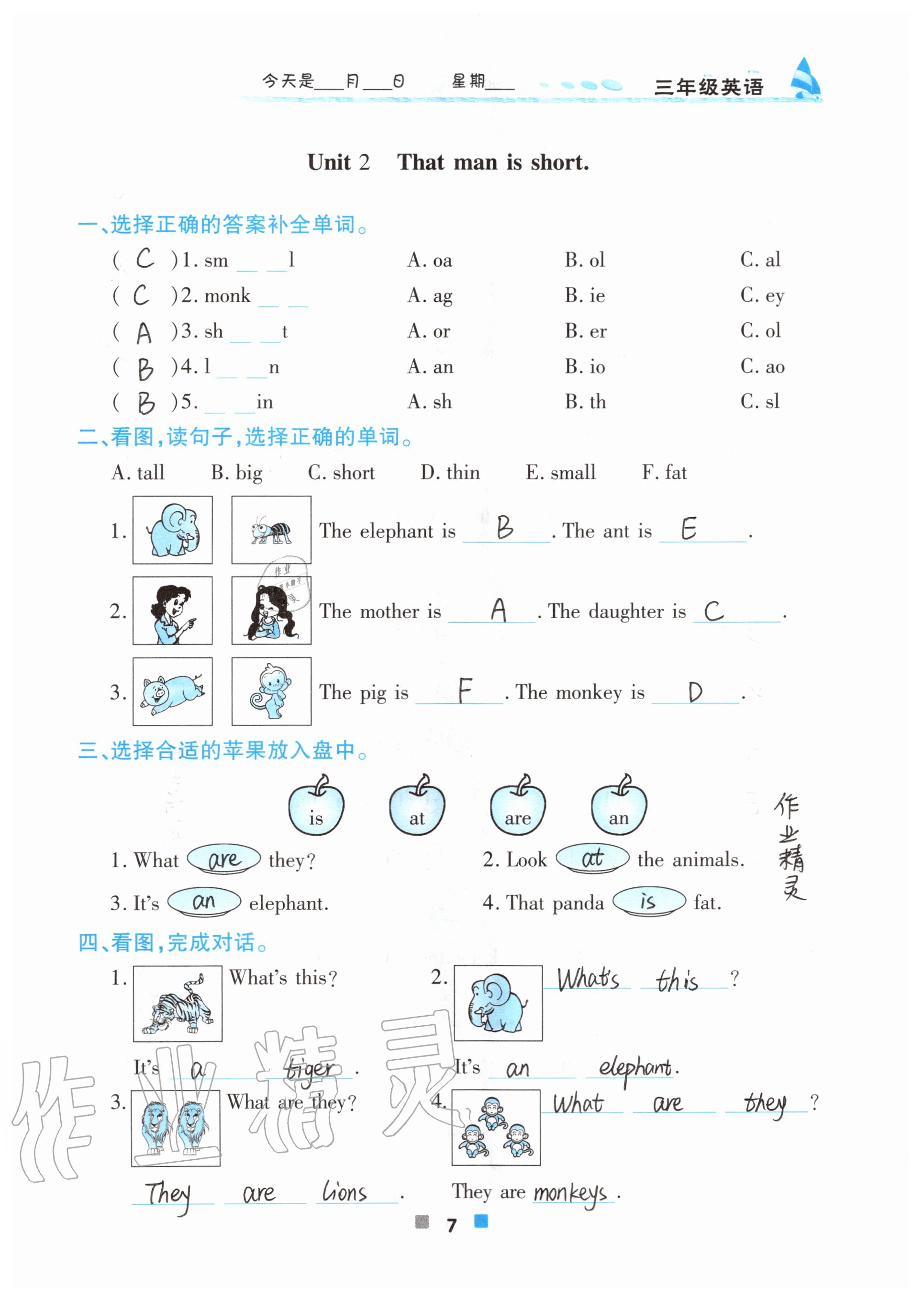 2020年暑假作业三年级英语北京教育出版社 参考答案第7页