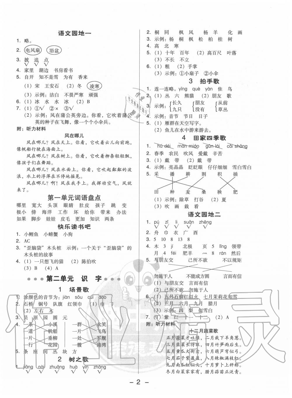 2020年综合应用创新题典中点二年级语文上册人教版 参考答案第2页