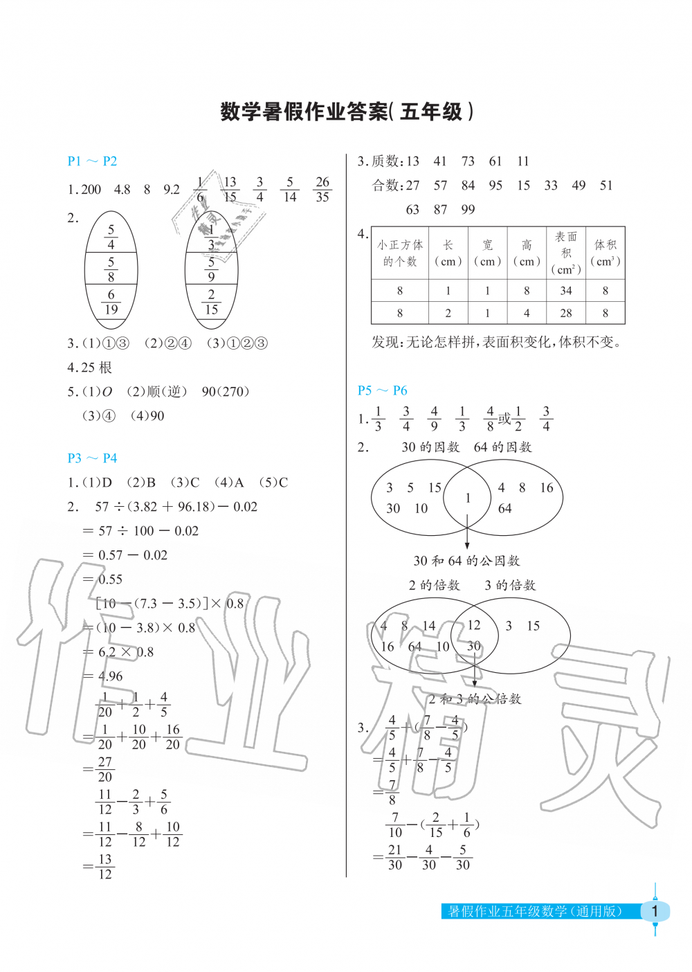 2020年暑假作業(yè)五年級數(shù)學(xué)長江少年兒童出版社 參考答案第1頁