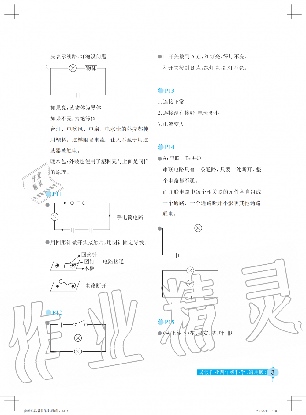 2020年科学暑假作业四年级长江少年儿童出版社 参考答案第3页