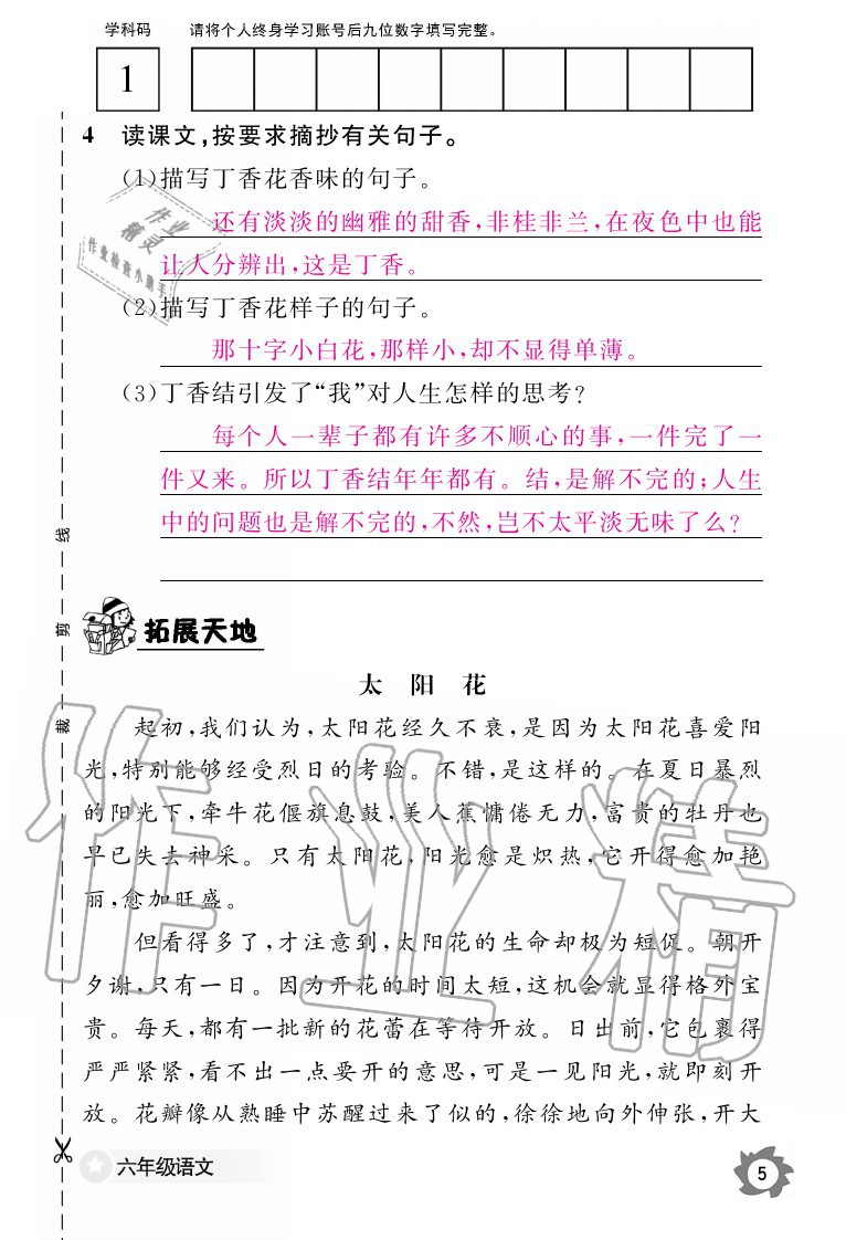 2020年语文作业本六年级上册人教版江西教育出版社 参考答案第7页