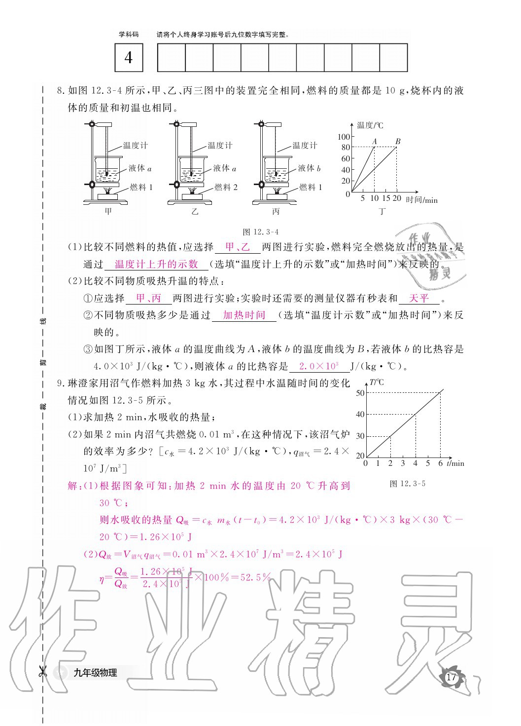 2020年物理作業(yè)本九年級全一冊滬粵版江西教育出版社 參考答案第17頁