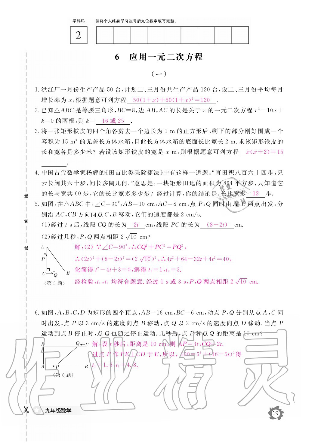 2020年数学作业本九年级全一册北师大版江西教育出版社 参考答案第19页