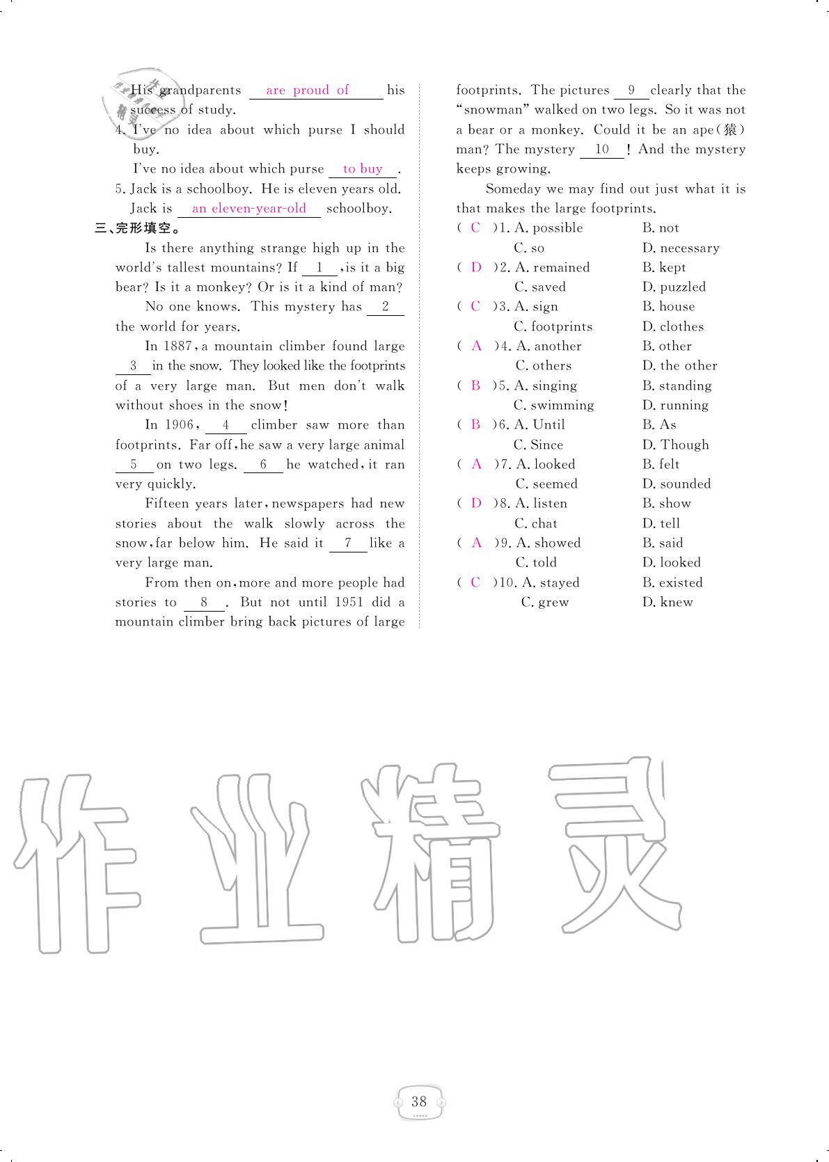 2020年領(lǐng)航新課標(biāo)練習(xí)冊九年級英語全一冊人教版 參考答案第38頁