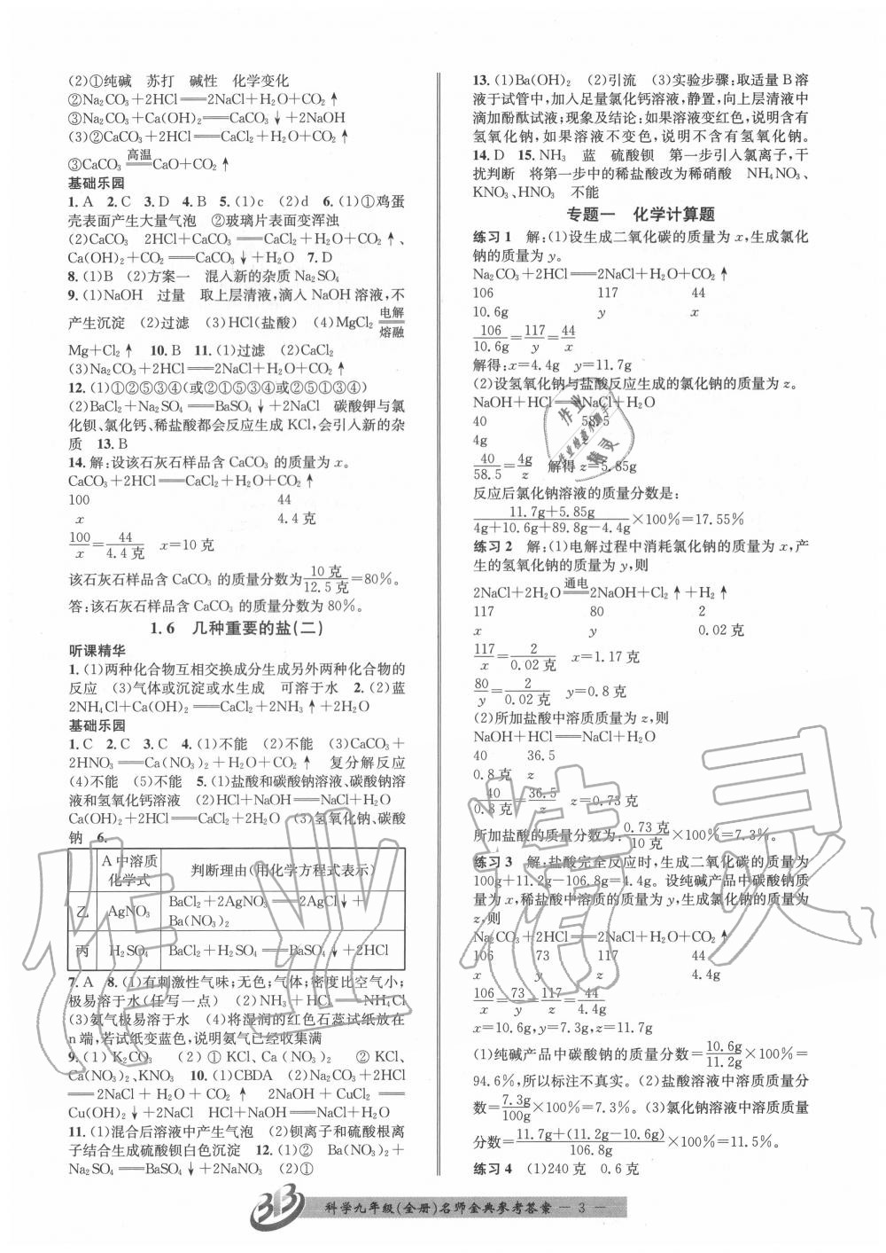 2020年名師金典BFB初中課時(shí)優(yōu)化九年級科學(xué)全一冊浙教版 參考答案第3頁