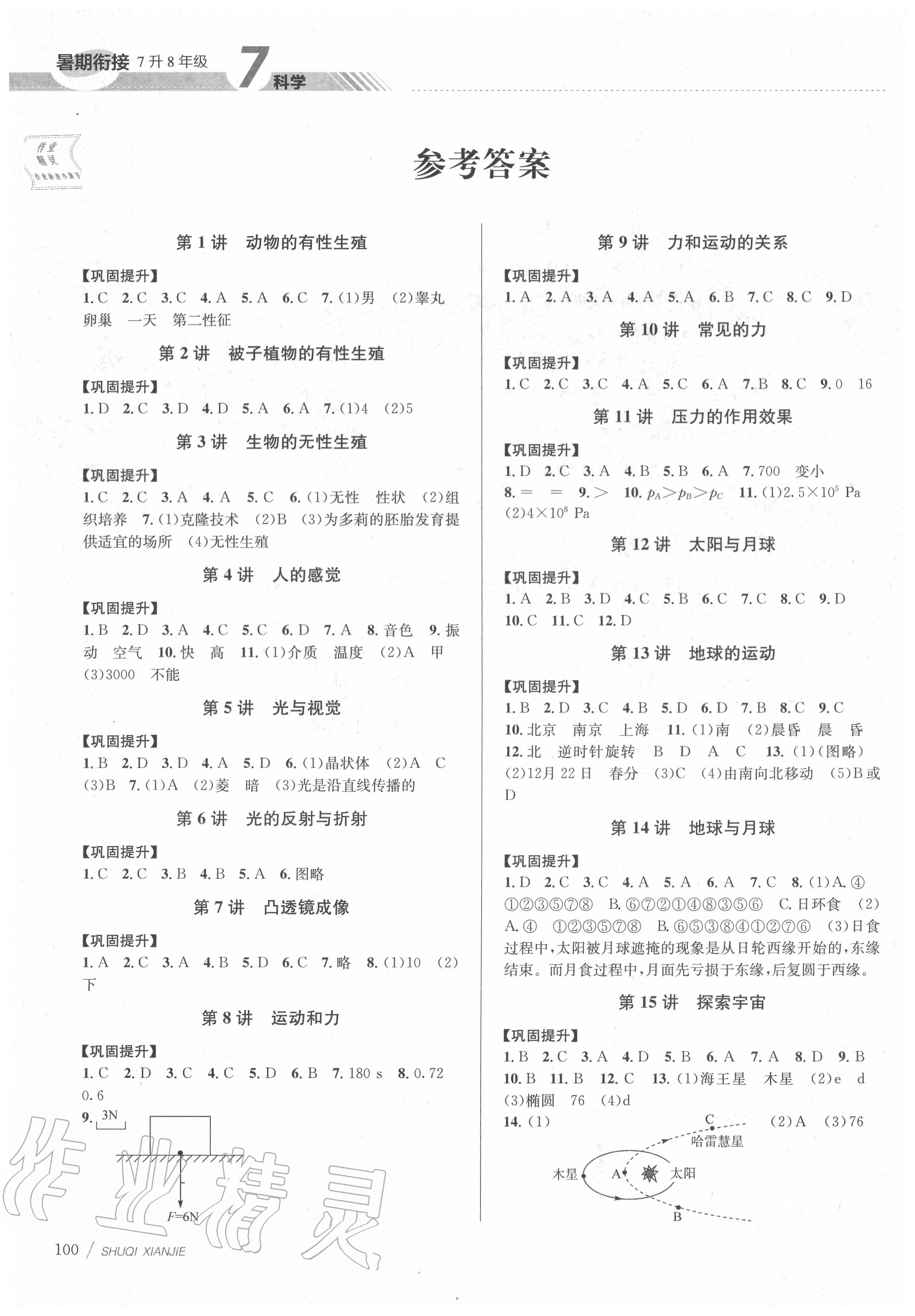 2020年初中暑期衔接七升八年级科学浙教版 参考答案第1页