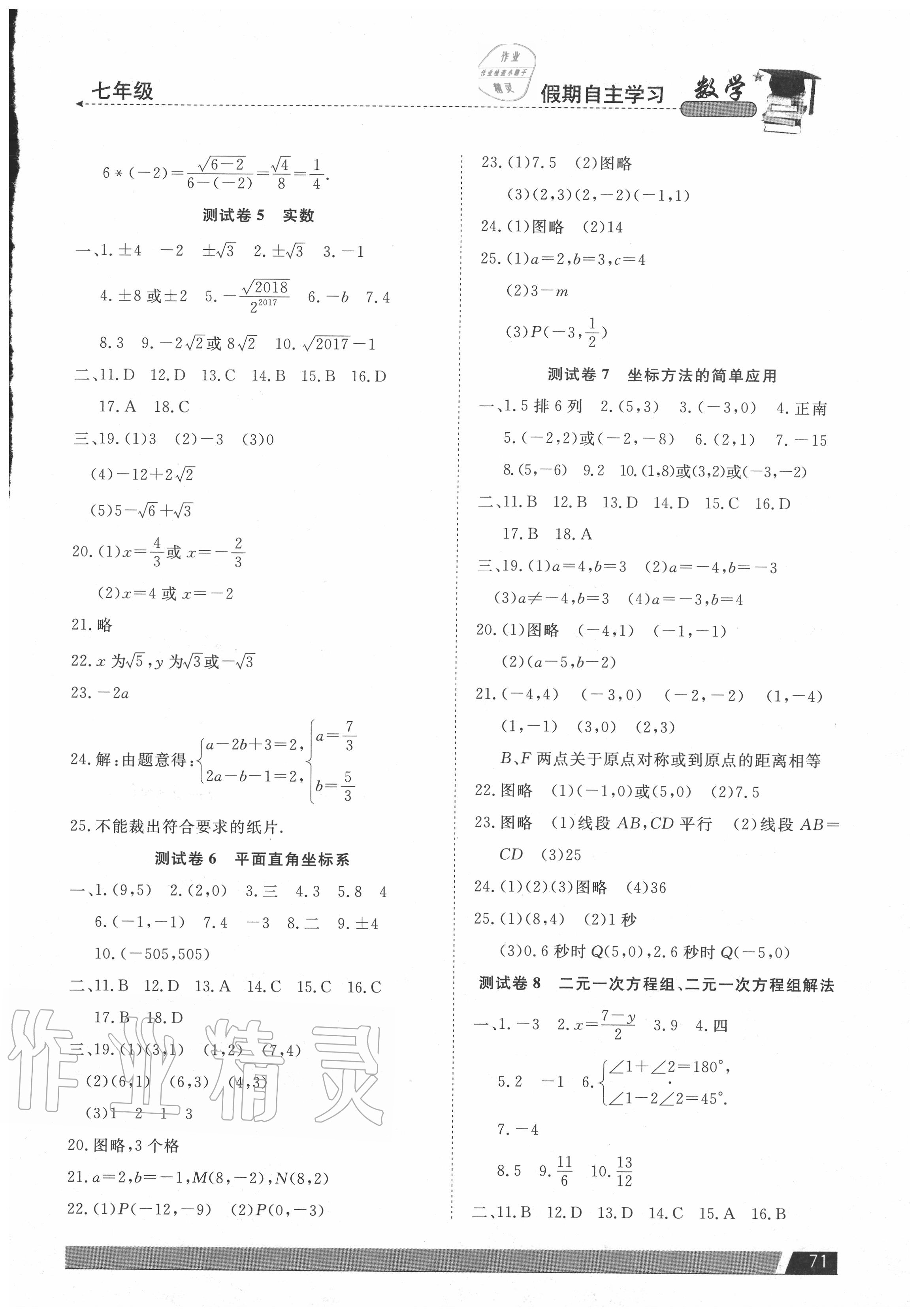 2020年假期自主学习七年级数学北京艺术与科学电子出版社 参考答案第2页