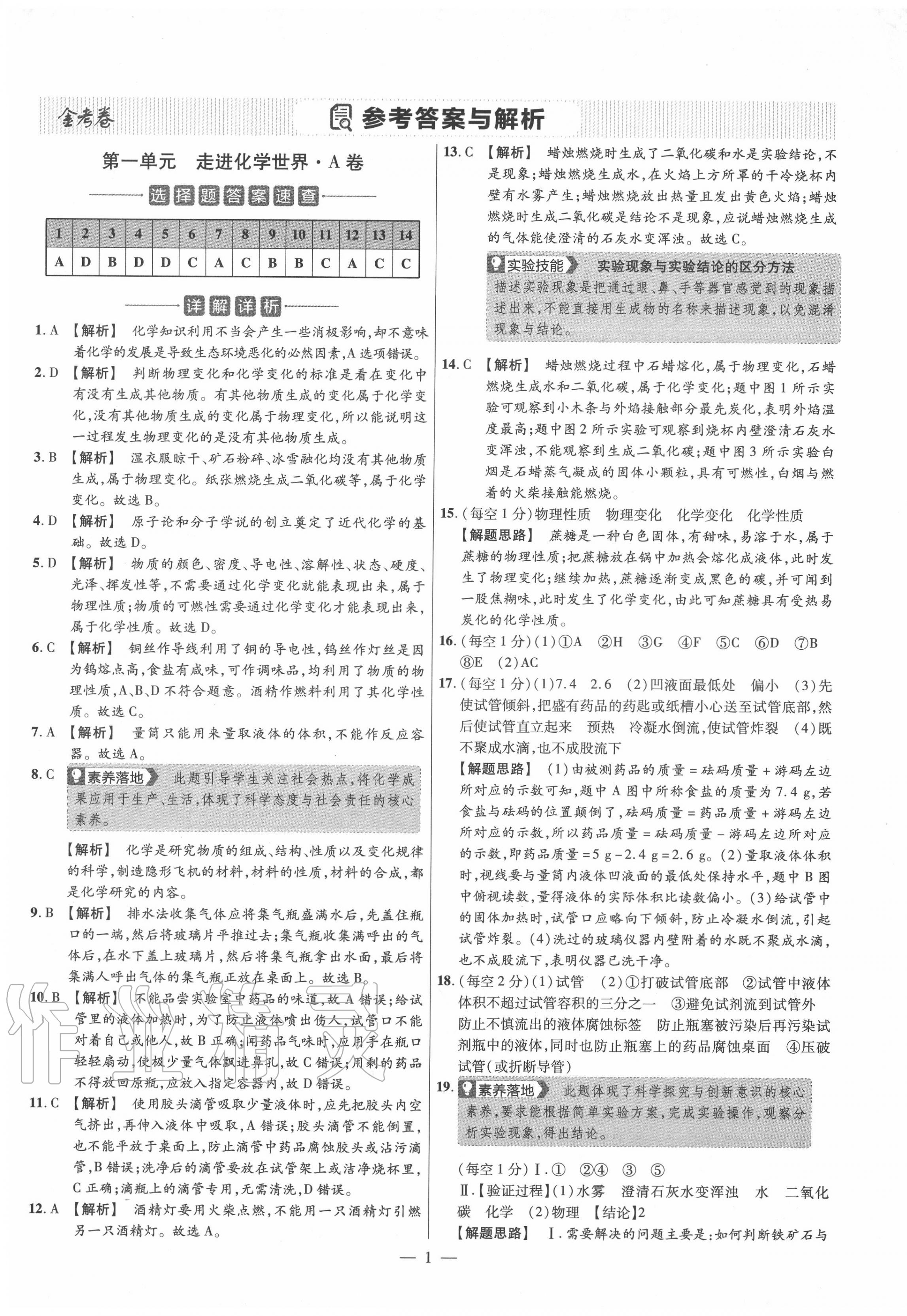 2020年金考卷活页题选九年级化学上册人教版 参考答案第1页