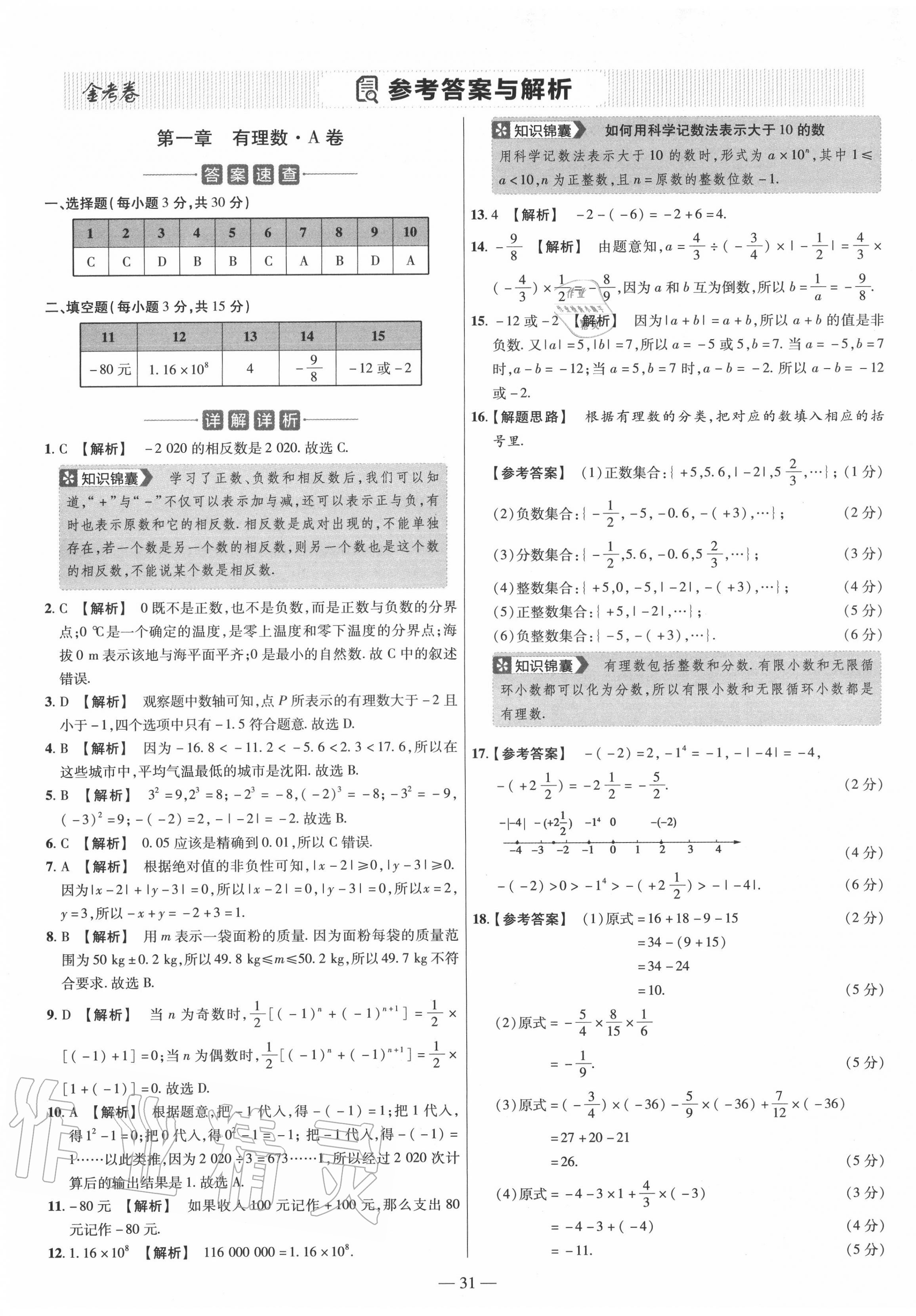 2020年金考卷活頁題選七年級數(shù)學(xué)上冊人教版 參考答案第1頁