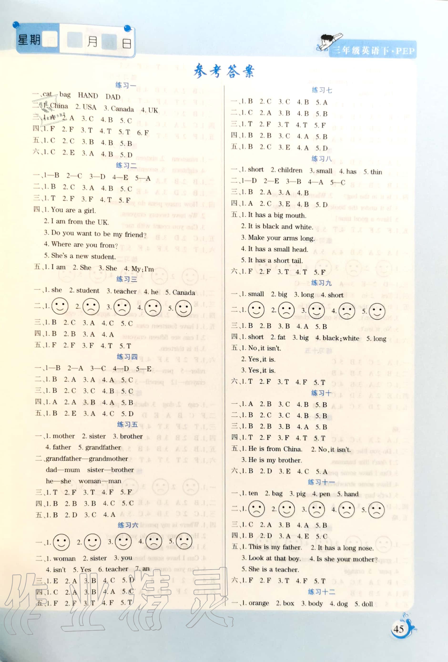 2020年假期天天練暑假三年級英語人教PEP版陽光出版社 參考答案第1頁