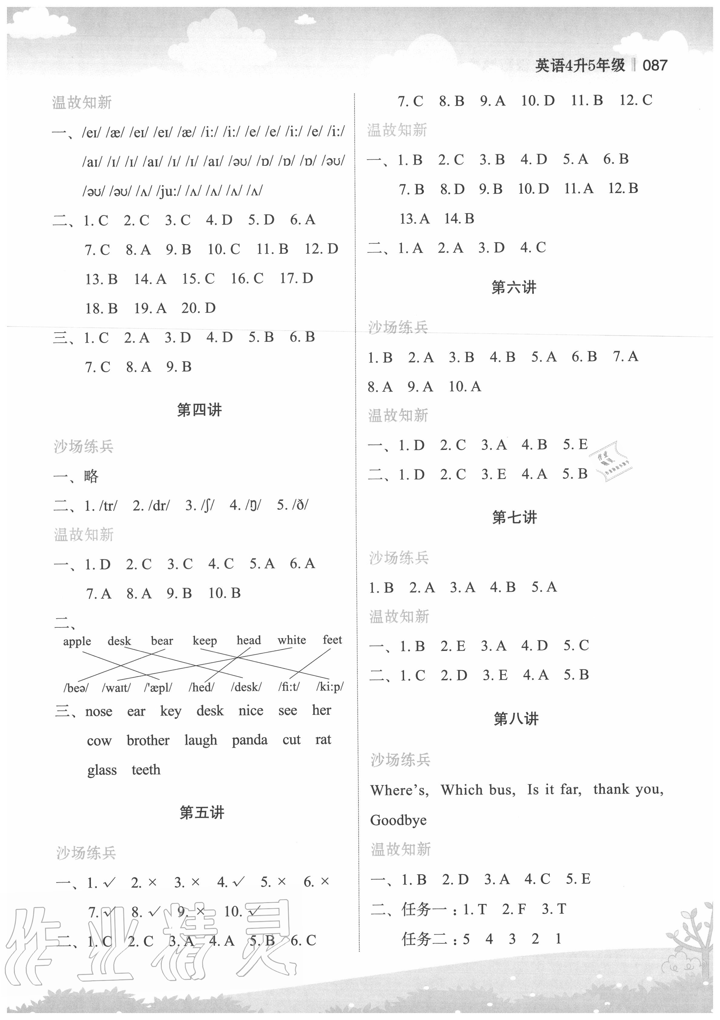 2020年新概念小学年级衔接教材四升五年级英语江苏凤凰美术出版社 参考答案第2页