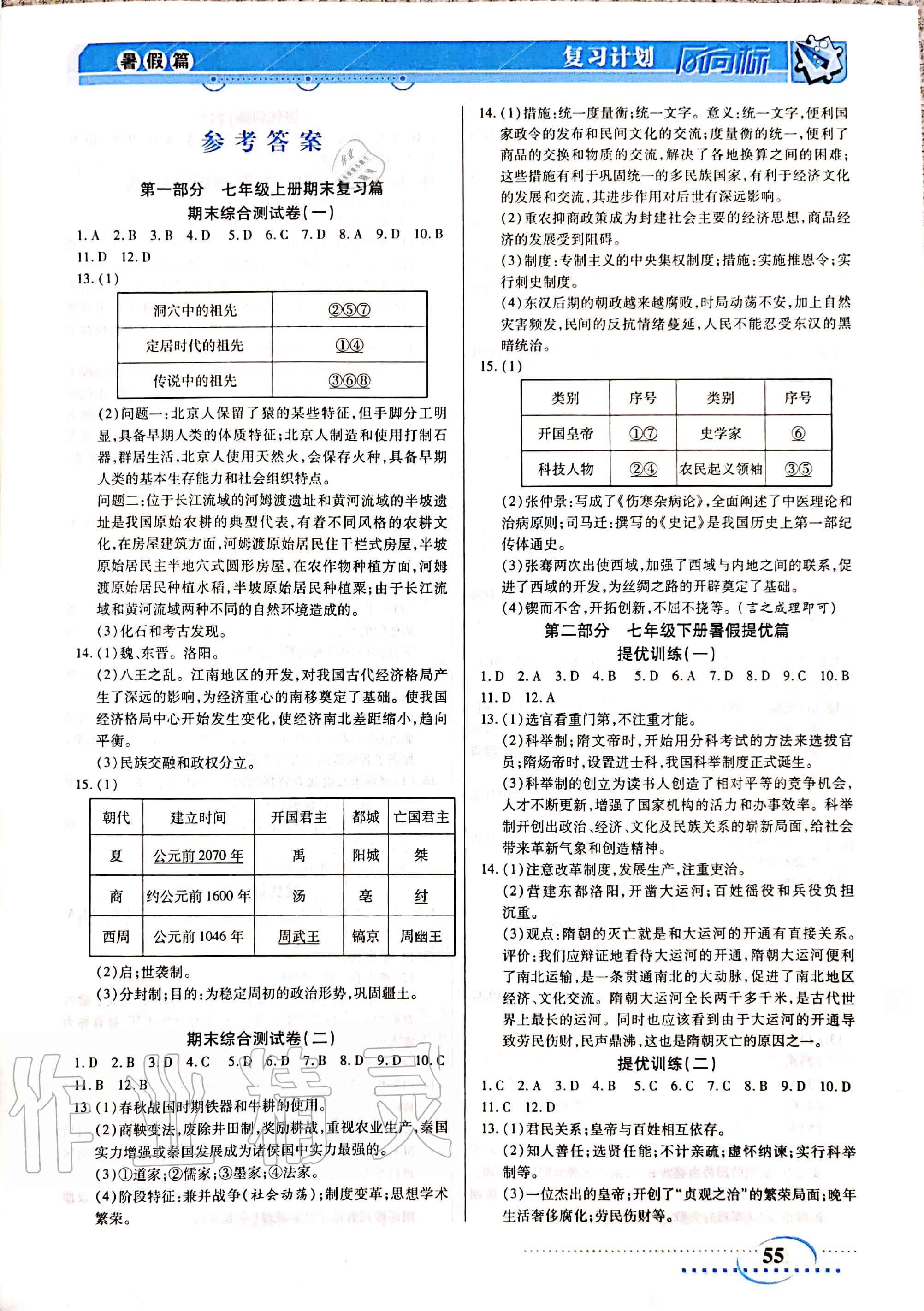 2020年复习计划风向标暑七年级历史 参考答案第1页