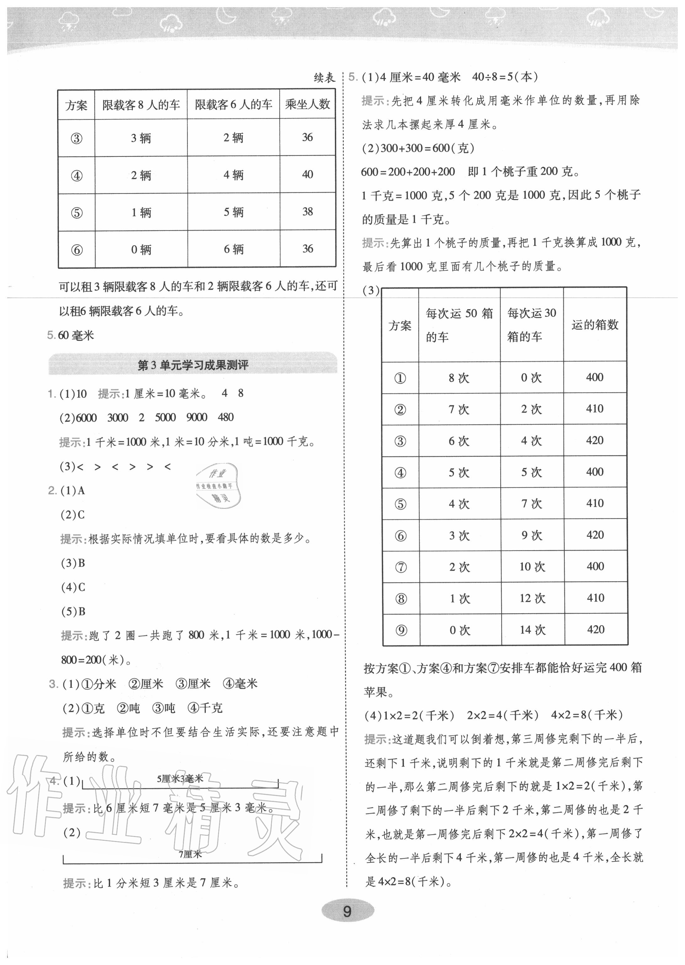 2020年黃岡同步訓練三年級數學上冊人教版 參考答案第9頁