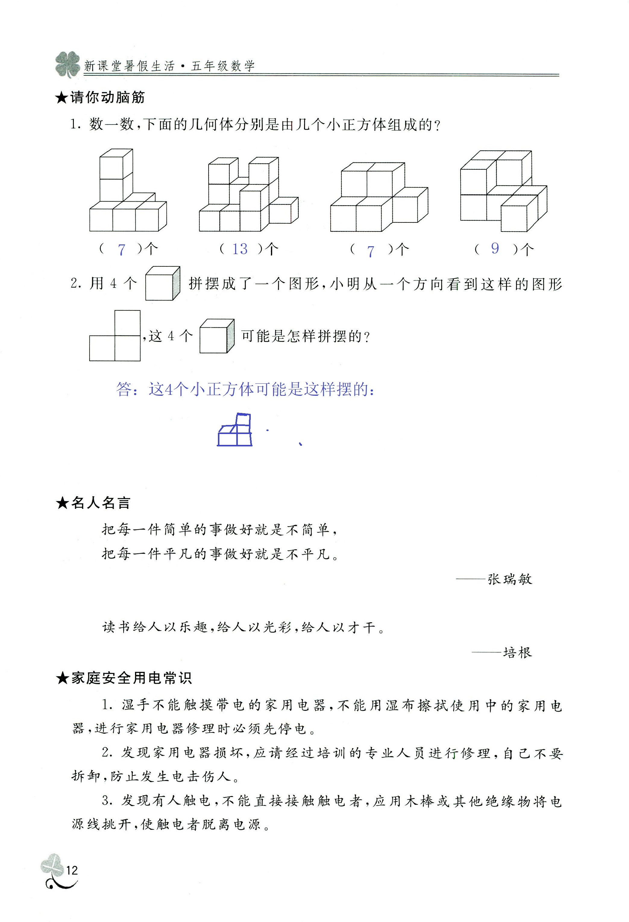 2020年新课堂暑假生活五年级数学北京教育出版社 第12页