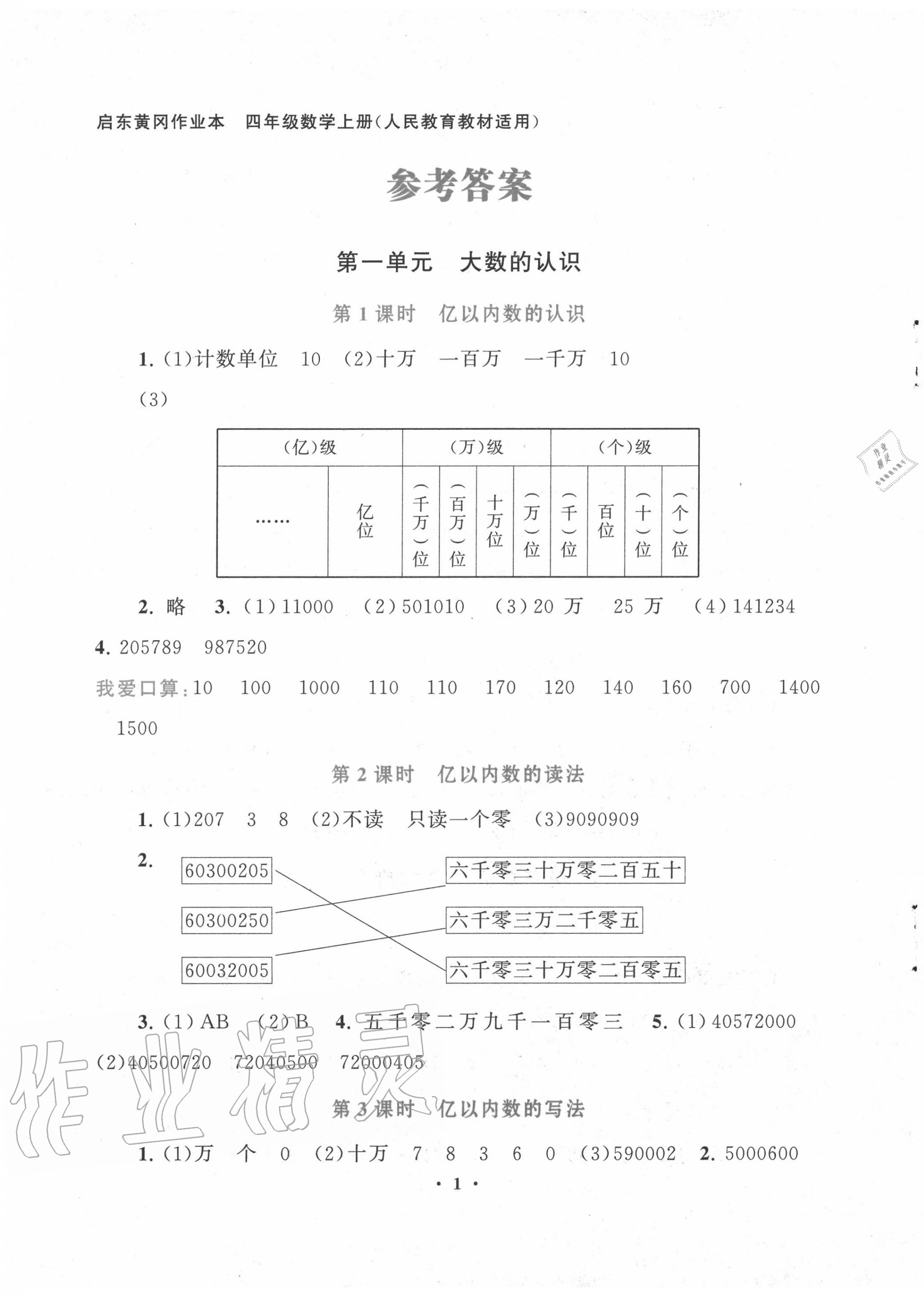 2020年启东黄冈作业本四年级数学上册人教版 第1页