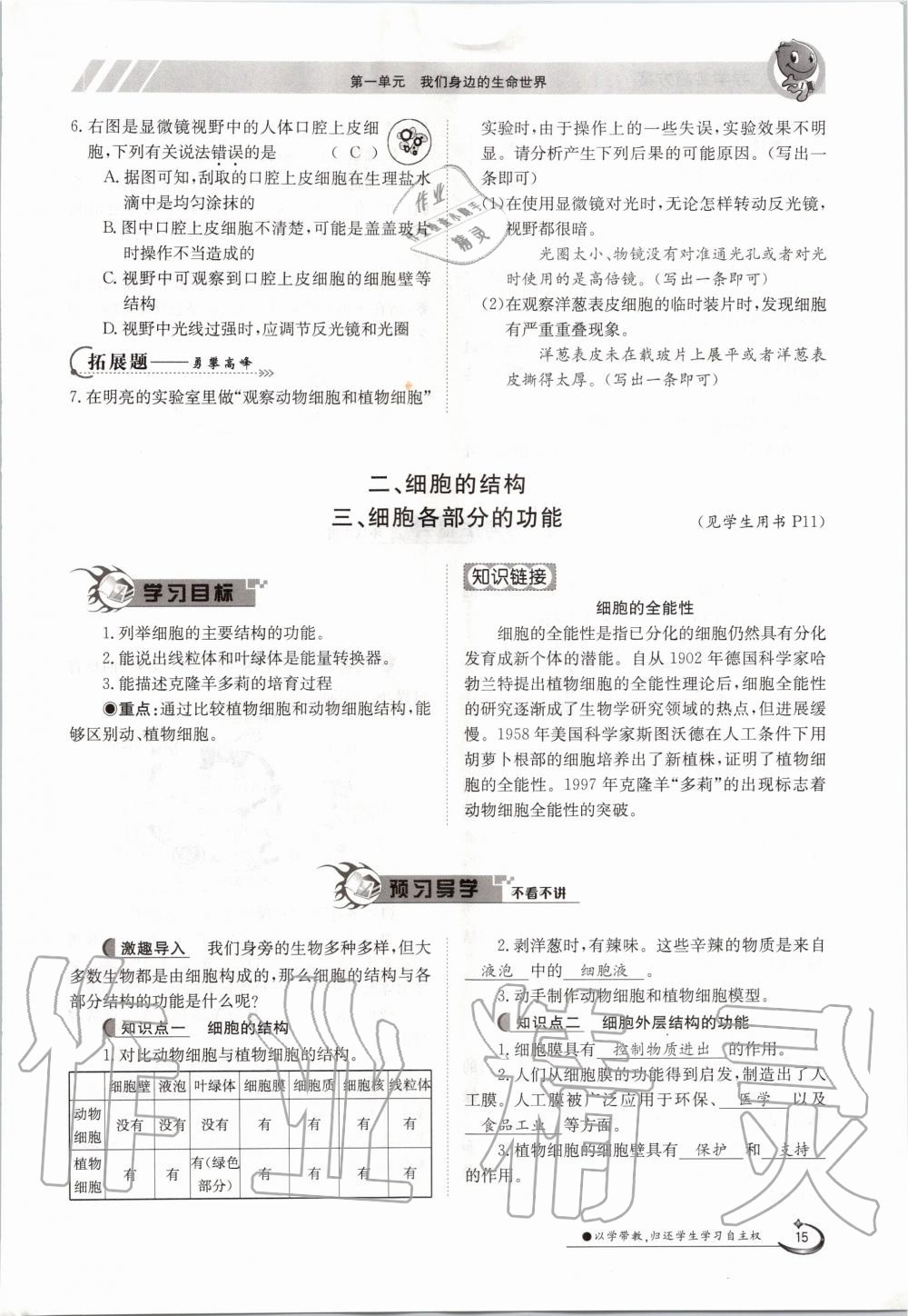 2020年金太阳导学案七年级生物上册冀少版 参考答案第15页