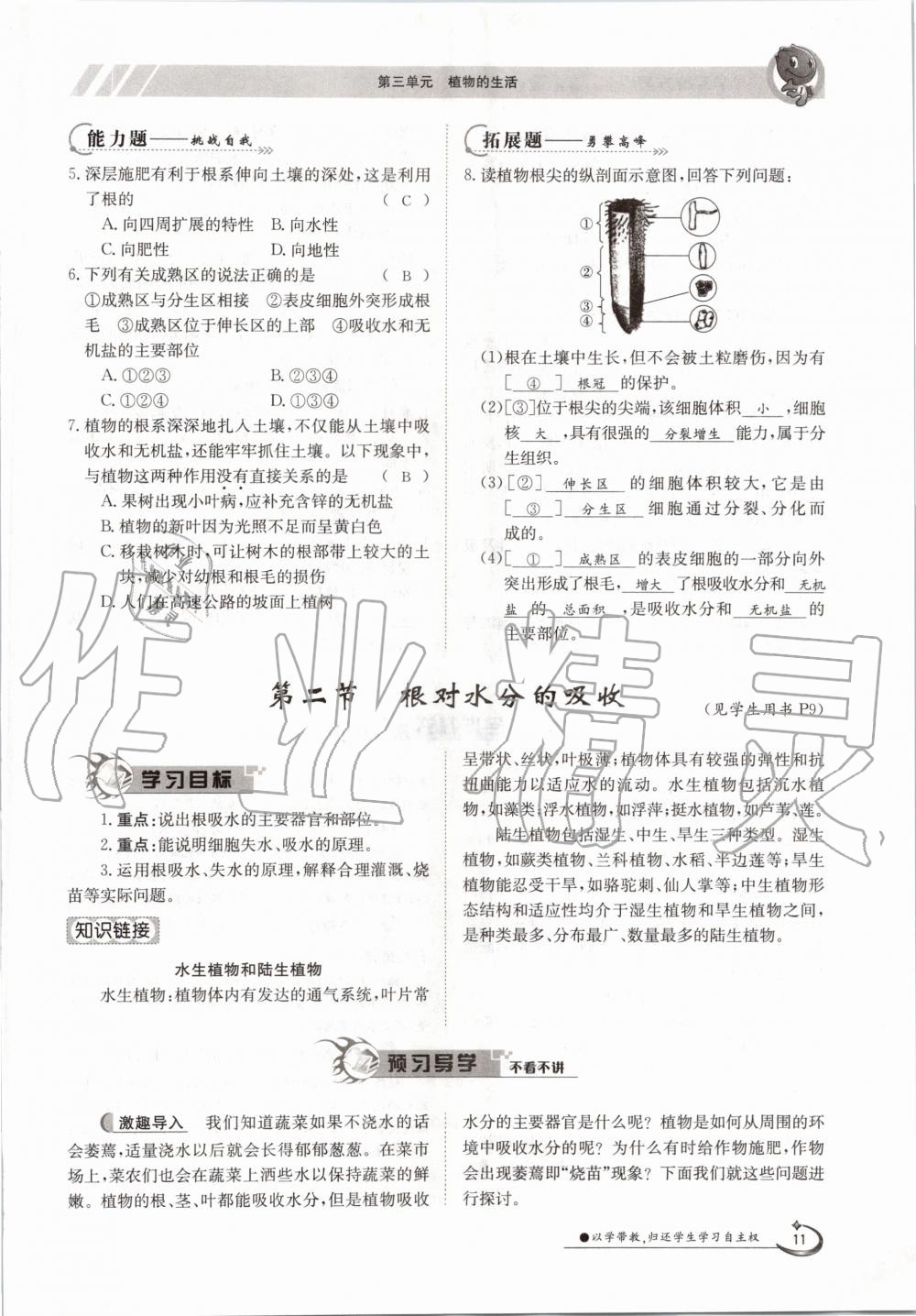 2020年金太陽導學案八年級生物上冊冀少版 參考答案第11頁