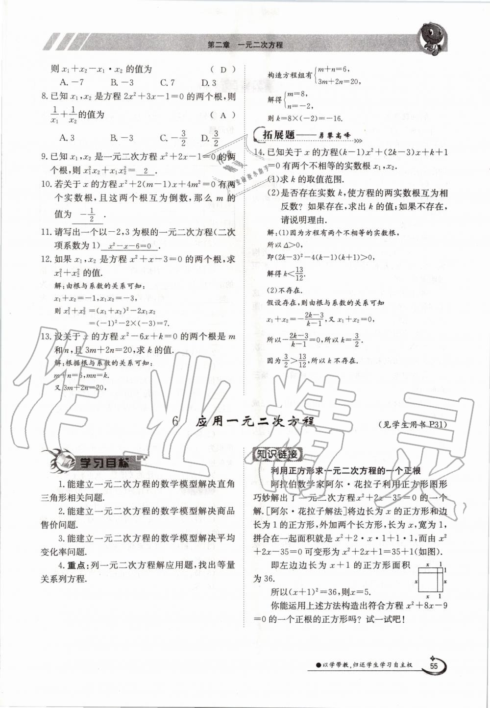 2020年金太阳导学测评九年级数学全一册北师大版 参考答案第55页