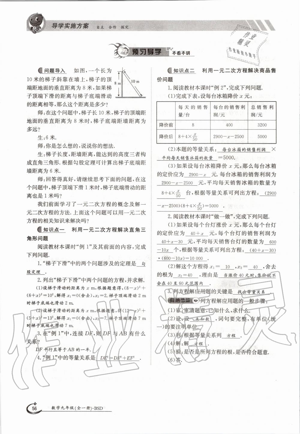 2020年金太阳导学测评九年级数学全一册北师大版 参考答案第56页