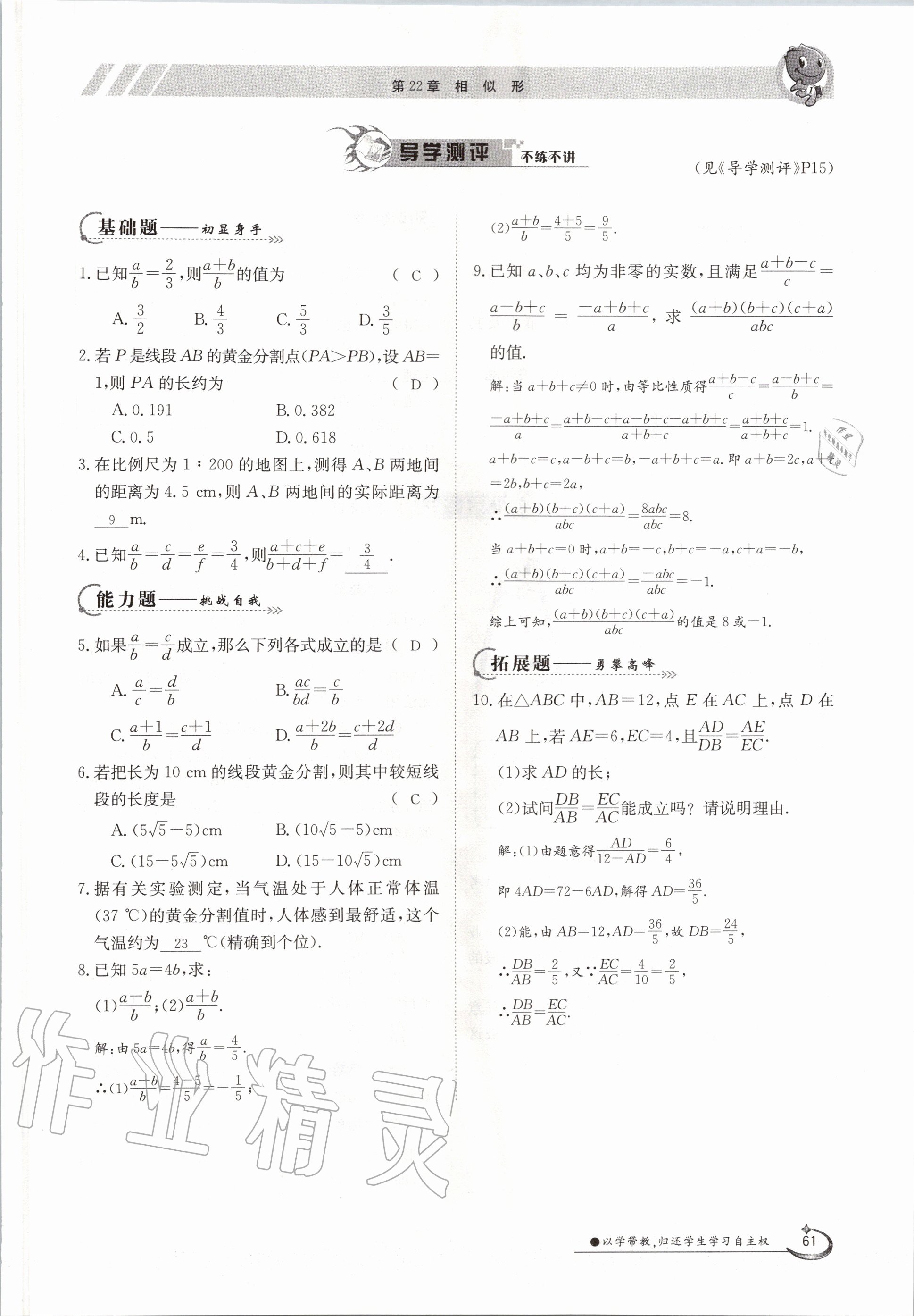 2020年金太阳导学测评九年级数学全一册沪科版 参考答案第61页