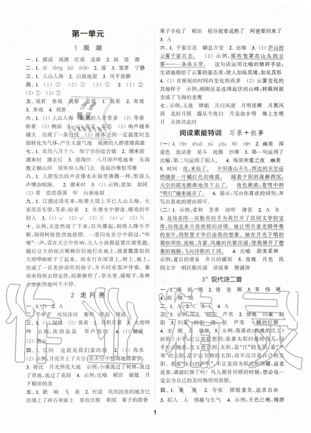 2020年拔尖特訓(xùn)四年級(jí)語文上冊(cè)人教版 參考答案第1頁